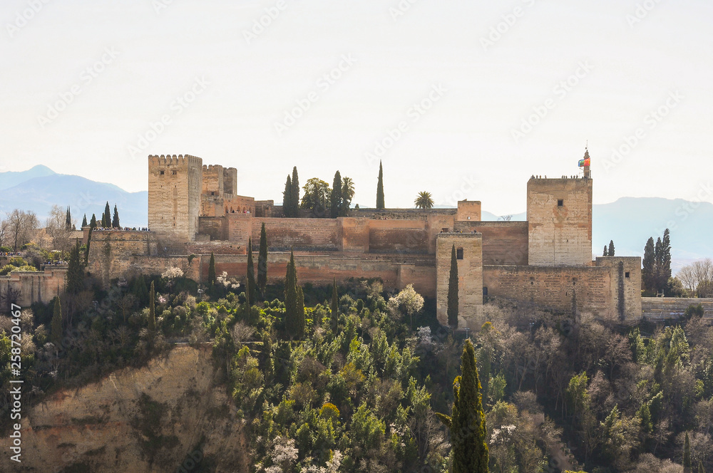 Alcazaba, fortified position in the Alhambra of Granada, Spain. General view of the citadel from the famous Mirador de San Nicolás