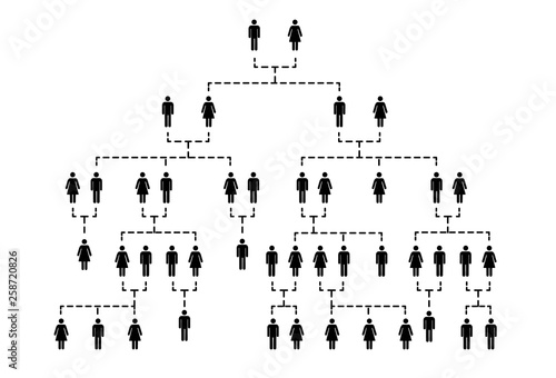 Complicated family tree of several generations on white