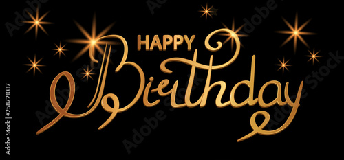Happy birthday golden text lettering, typography design, greetings card on a black background. Vector