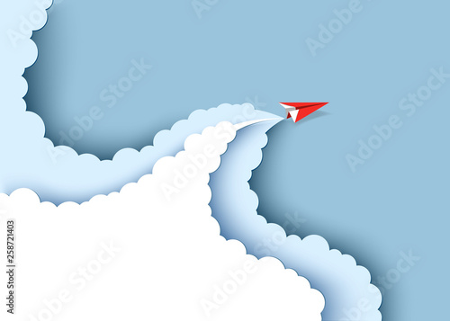 Red paper airplane flying on the blue sky and cloud. Paper cut art style of business success and leadership creative concept idea. Vector illustration