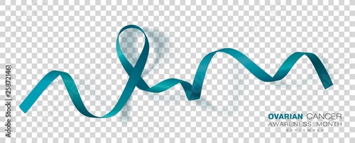 Ovarian Cancer Awareness Month. Teal Color Ribbon Isolated On Transparent Background. Vector Design Template For Poster.