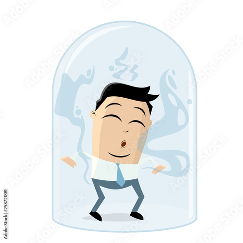 smelling asian businessman under a glass dome