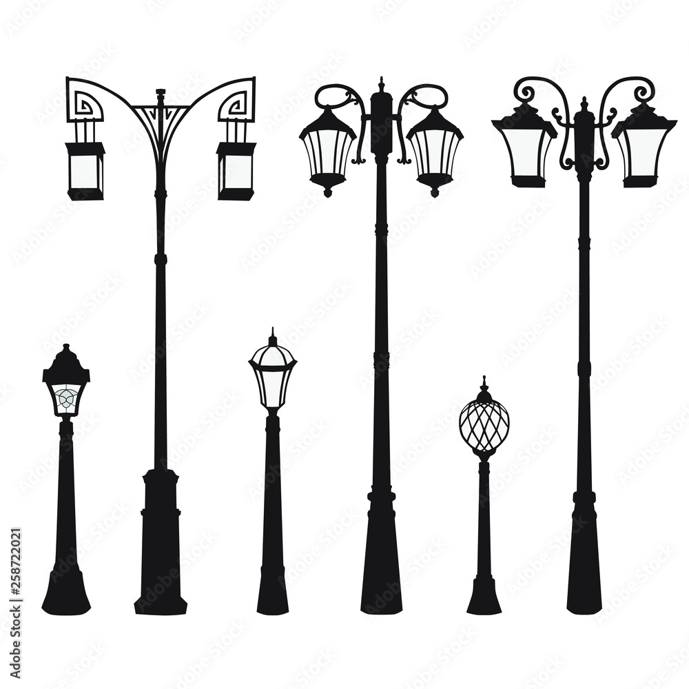 Set of modern and vintage street lights. Silhouette of wall and floor street lamp, black and gray color, isolated on white background