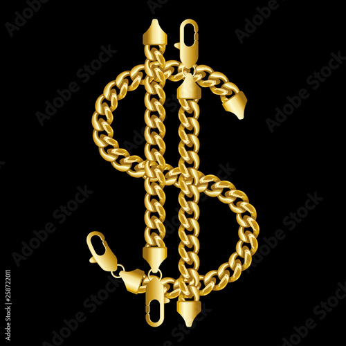 Gold american dollar money sign made of shiny thick golden chains with a lobster claw clasp lock. Realistic vector illustration isolated on a black background.