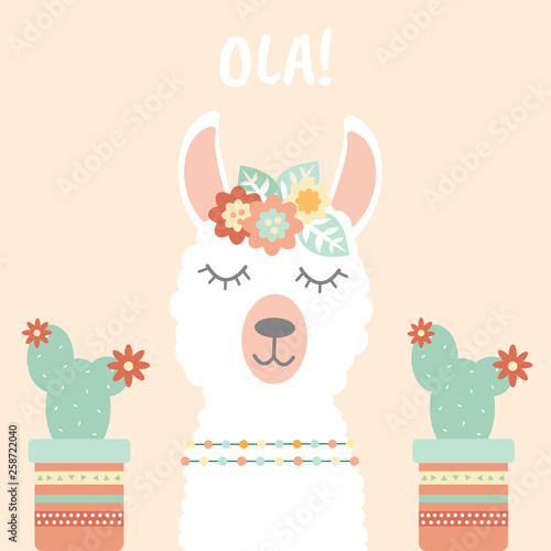 Lama with cacti on pastel background