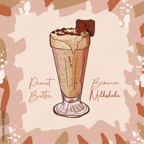 Peanut Butter Brownie Milkshake recipe. Menu element for cafe or restaurant with milk fresh drink. Fresh cocktail for healthy life.