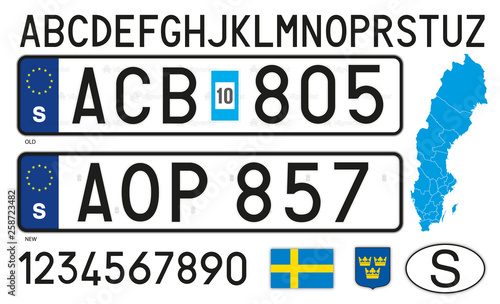 Sweden car license plate, letters, numbers and symbols, vector illustration