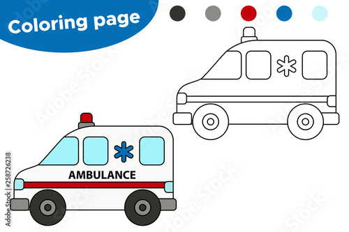 Vector cartoon ambulance car. Coloring page for preschool kids. Transportation theme.