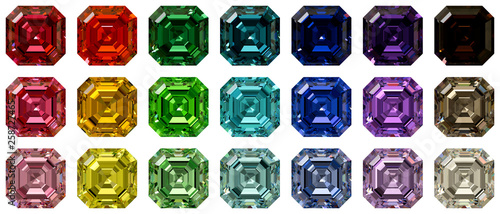 Set of multi colored asscher cut diamonds isolated on white background