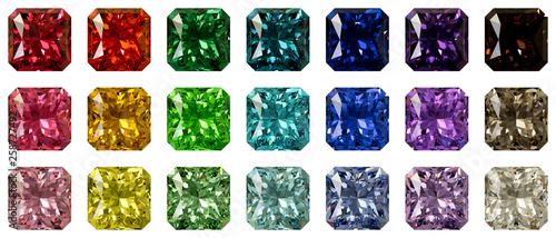 Set of multi colored radiant cut diamonds isolated on white background
