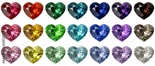Set of multi colored heart cut diamonds isolated on white background