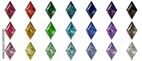 Set of multi colored lozenge cut diamonds isolated on white background