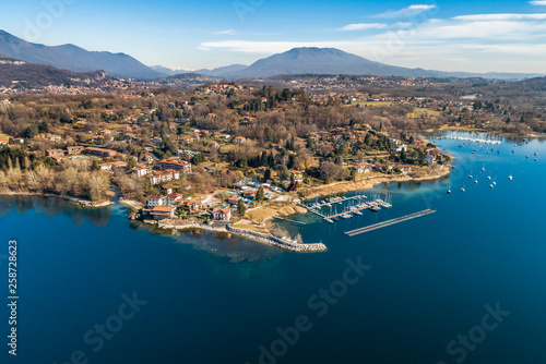 Aerial view of Lake Maggiore with view to harbor of Sasso Moro, province of Varese, Italy