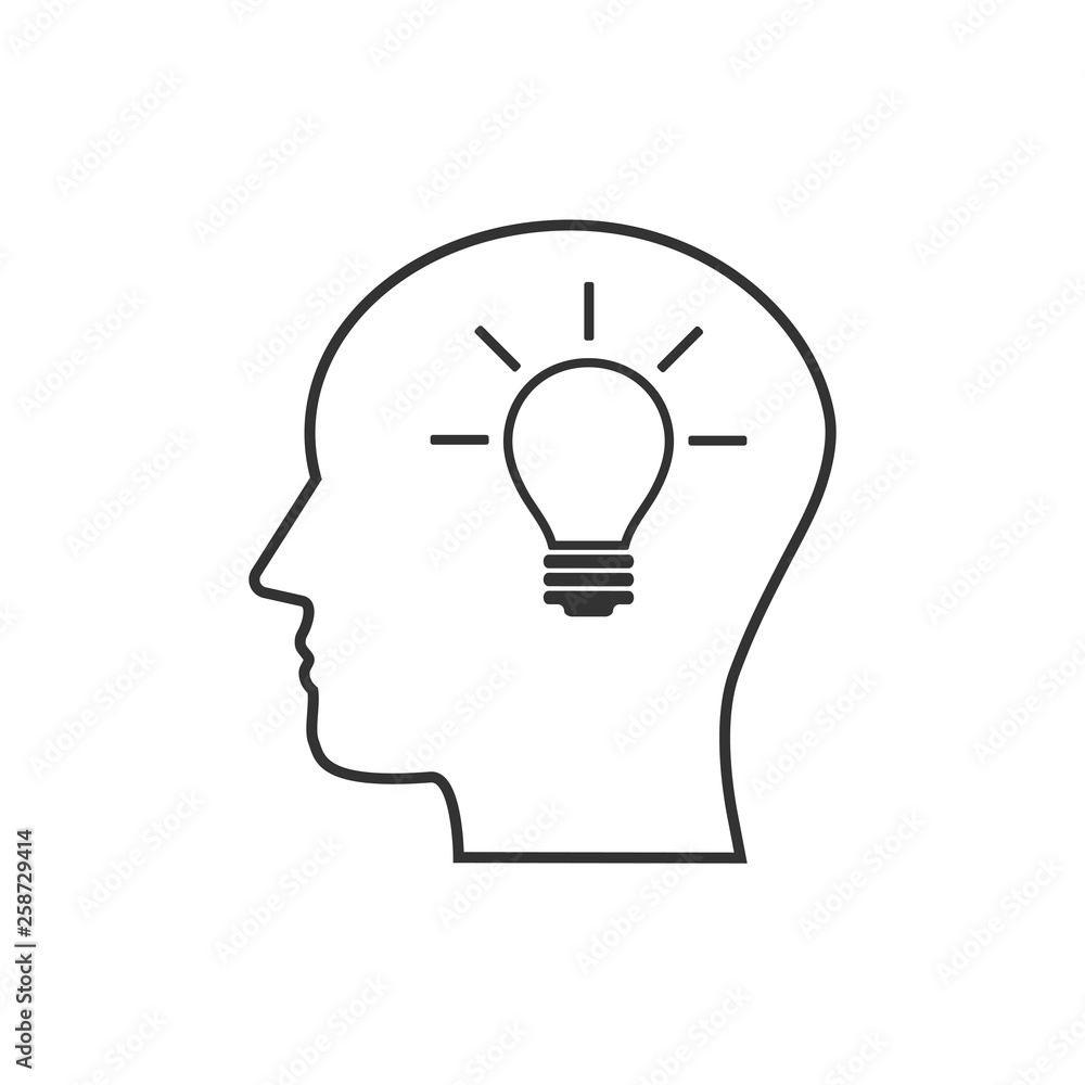 Head, bulb, idea icon. Vector illustration, flat design. Head, bulb, idea icon. Vector illustration, flat design.