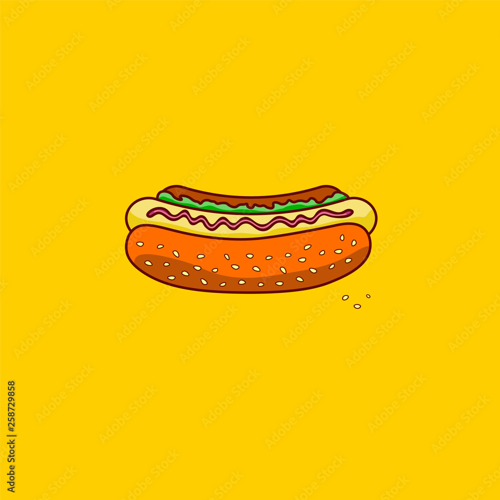 Classic hot dog on a yellow background.Fast food. Junk food. Vector illustration. Classic hot dog on a yellow background.Fast food. Junk food. Vector illustration.