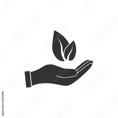 Plant leaf in hand icon. Vector illustration, flat design.