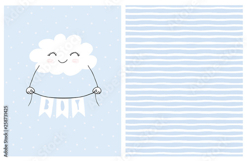 Lovely Blue Baby Shower Vector Card. Smiling White Fluffy Cloud Holding a Banner with the Inscription Boy. Cute Hand Drawn Cloud on a Light Blue Background. Irregular Stripped Vector Pattern.