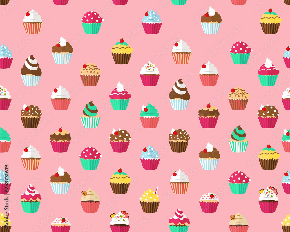 Vector flat seamless texture pattern cupcakes.