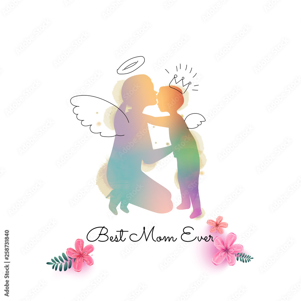 Double exposure illustration. Side view of Happy mom with son silhouette plus abstract water color painted. Mother's day. Digital art painting. Double exposure illustration. Side view of Happy mom with son silhouette plus abstract water color painted. Mother's day. Digital art painting.