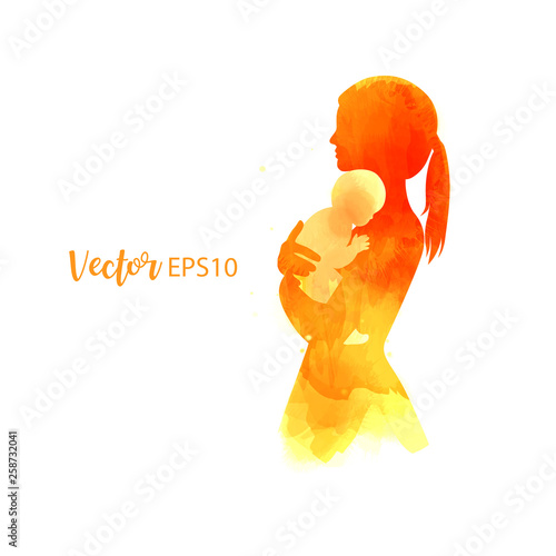 Side view of Happy mom holding adorable  baby child silhouette plus abstract water color painted. Mother's day. Digital art painting. Double exposure  vector illustration.