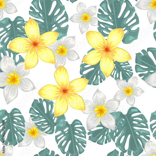 Seamless pattern with tropical flowers and palm leaves