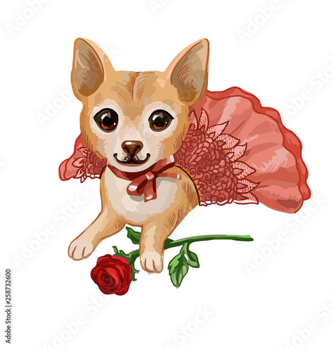 Cute little puppy in pink skirt lies with red rose. Funny cartoon small dog isolated on white