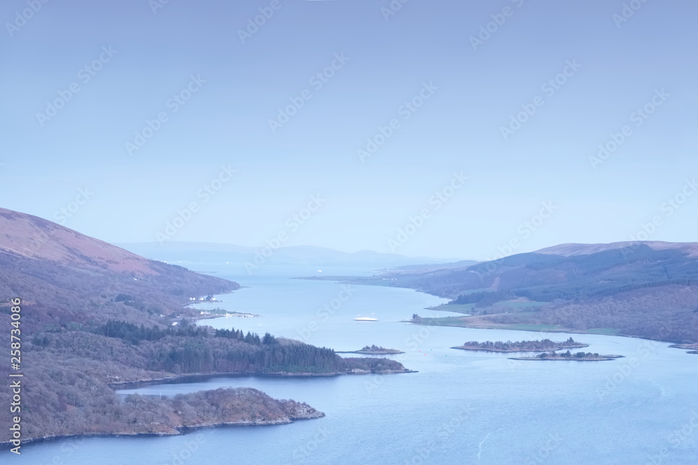 Tighnabruaich viewpoint in Argyll and Bute west coast showing Rothesay ferry crossing Scotland UK Tighnabruaich viewpoint in Argyll and Bute west coast showing Rothesay ferry crossing Scotland UK