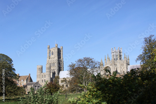 Ely Cathedral in Ely Cambridgeshire UK against a clear blue sky
