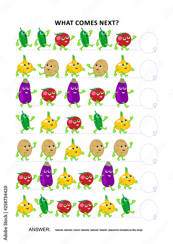 Vegetables educational logic game training sequential pattern recognition skills: What comes next in the sequence? Answer included. Vegetables educational logic game training sequential pattern recognition skills: What comes next in the sequence? Answer included.