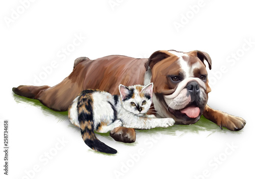 Coccole tra un bulldog ed un gattino photo
