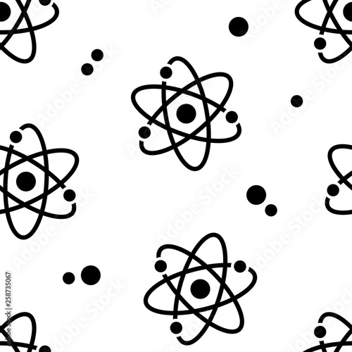 Seamless pattern with black atom signs on white background. Vector illustration