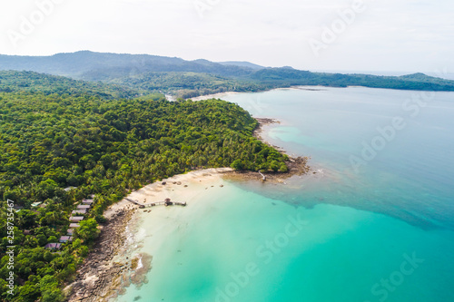 Aerial view exotic white sand beach turquoise sea water © themorningglory