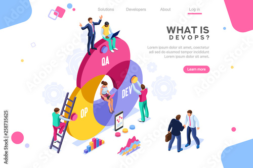 Programmer, user administrator, professional engine. Software support to build banner infographic. administration images flat technician concept, DevOps images. Isometric illustration.