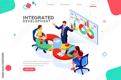 Programmer, user administrator, professional engine. Software support to build banner infographic. administration images flat technician concept, DevOps images. Isometric illustration.
