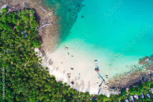 Aerial view exotic white sand beach turquoise sea water