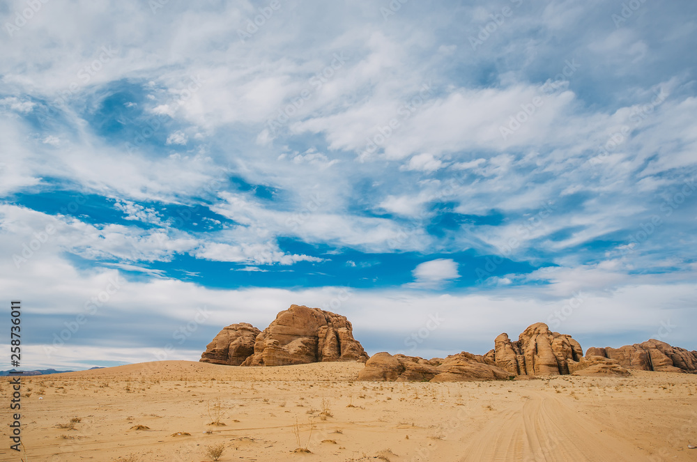 Desert in Jordan. Panoramic view of the blue sky Desert in Jordan. Panoramic view of the blue sky
