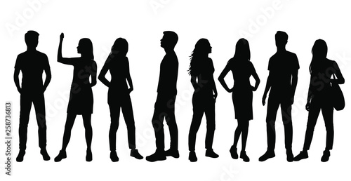 Vector silhouettes men and women standing, different poses,  business,  people, group,  black color, isolated on white background