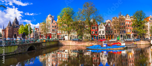 Romantic canalas of Amsterdam. Travel in Holland