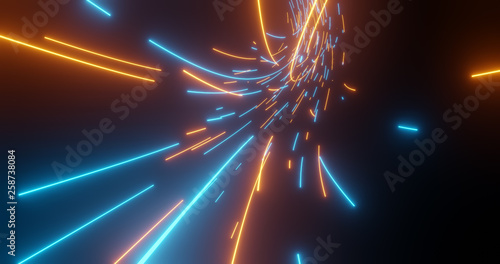 Flying into digital technologic tunnel. Futuristic technology abstract background with lines for network, big data, data center, server, internet, speed. 3D render