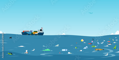 Garbage and plastic bottles that have been dumped into the sea
