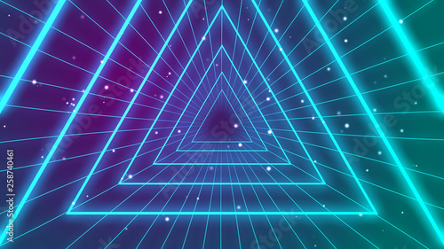 Retro 1980s synthwave glowing neon lights triangle tunnel photo
