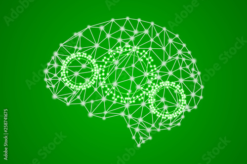 3d digital white polygonal plexus human brain with green gears, go green and zero waste mind concept, new modern scientific technology stock vector illustration background
