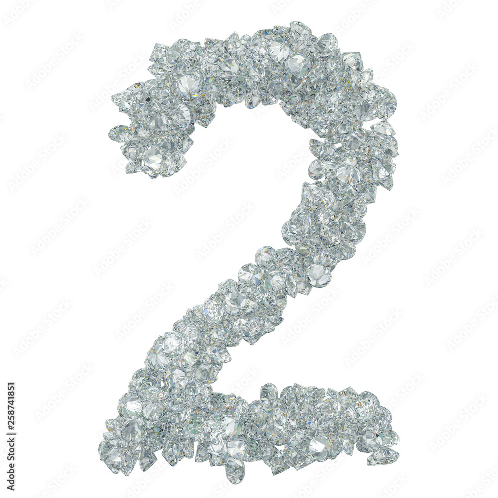 Diamond font, number 2 from diamonds. 3D rendering