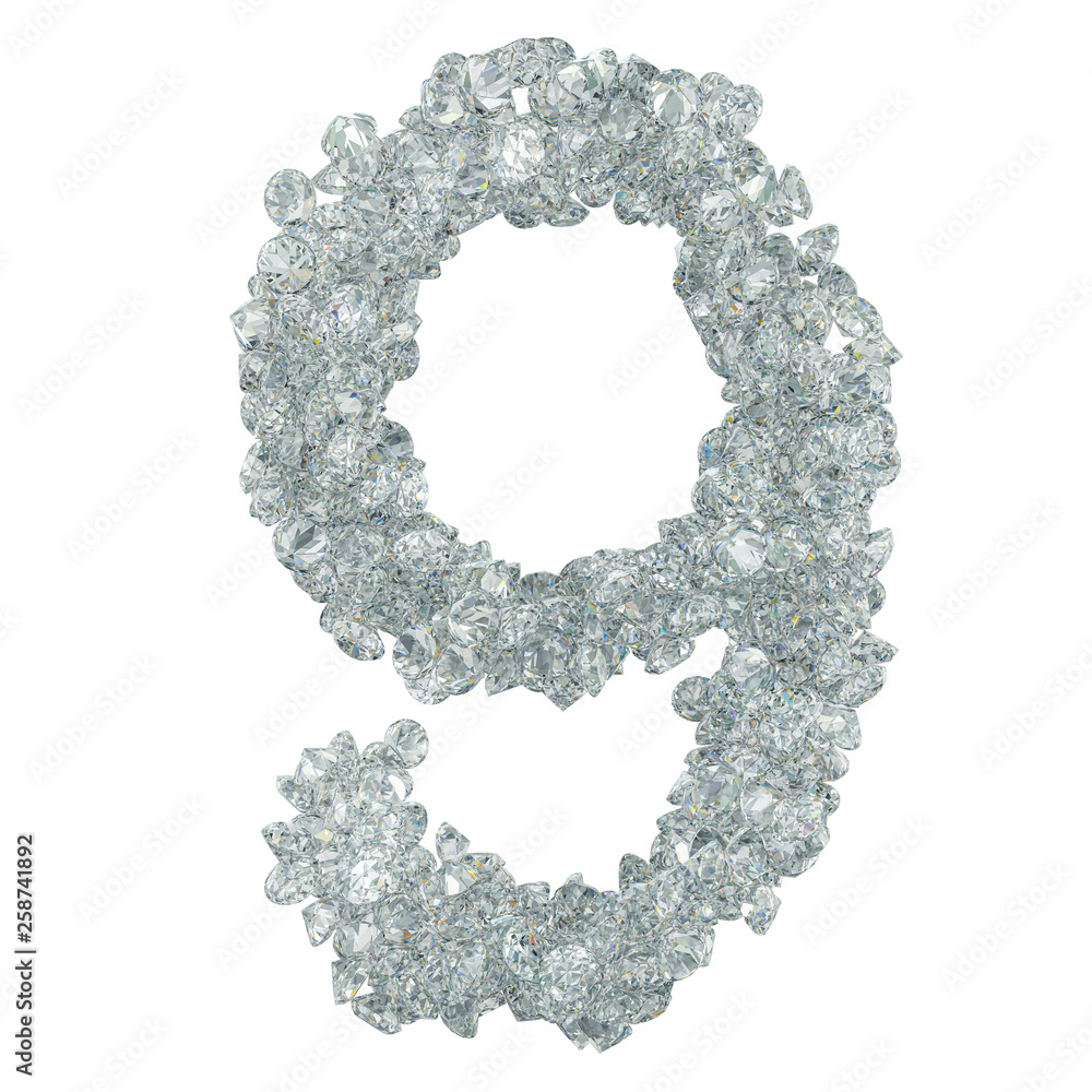 Diamond font, number 9 from diamonds. 3D rendering Diamond font, number 9 from diamonds. 3D rendering