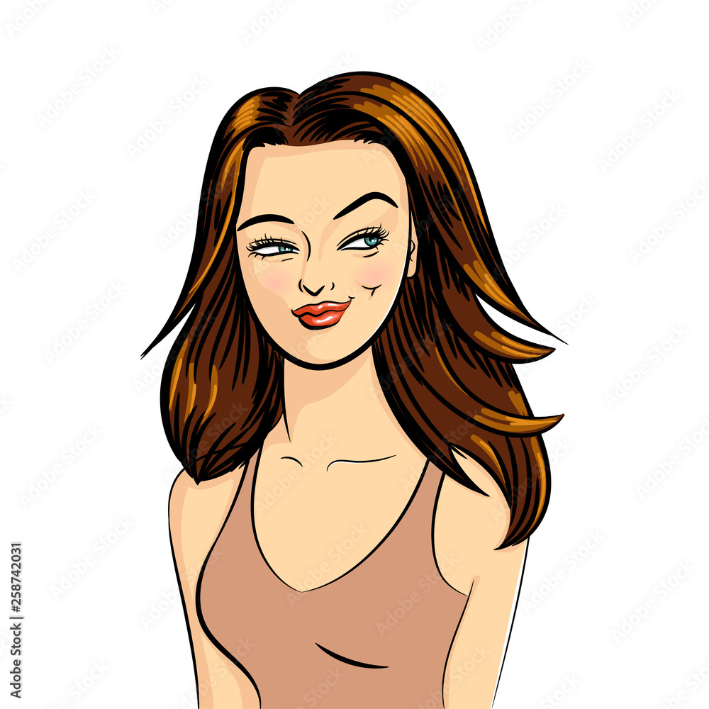 Beautiful pop art illustration with a girl on a white background for concept design. Cute girl illustration. Beautiful pop art illustration with a girl on a white background for concept design. Cute girl illustration.