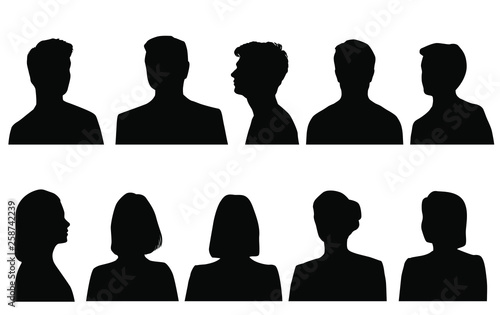 Set silhouettes of men and women, business profile avatar,  group people,black color, isolated on white background