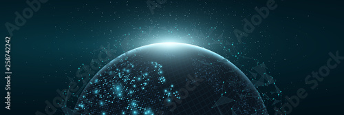 Futuristic Planet Earth. World map of glowing square dots. Modern abstract background. Space composition. Web banner. Global network connection. Vector illustration.