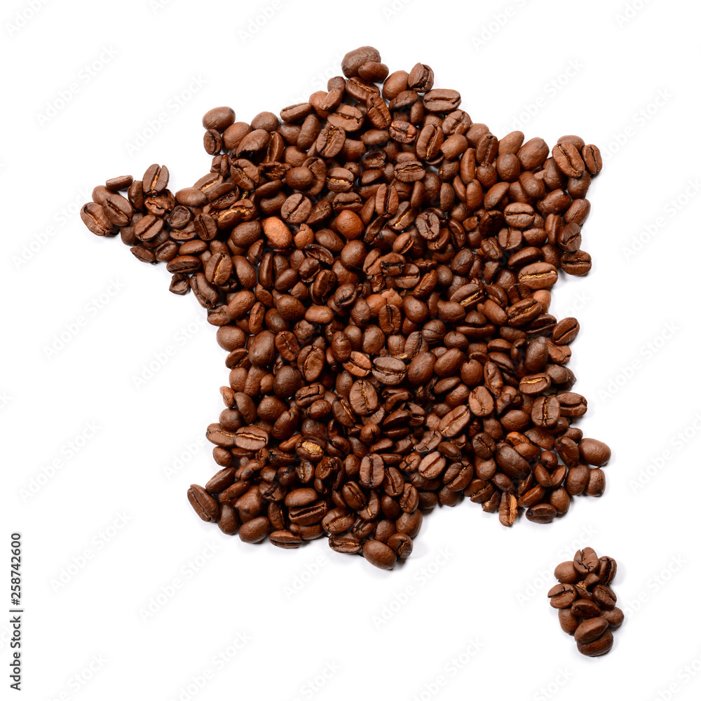 Whole bean coffee. The contour of the France is made of coffee beans isolate on white background. Whole bean coffee. The contour of the France is made of coffee beans isolate on white background.