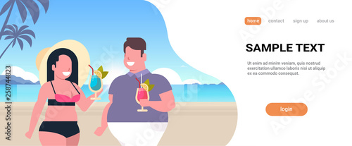fat obese couple drinking cocktails tropical sea beach overweight man woman having fun summer vacation concept beautiful seaside landscape background portrait horizontal copy space