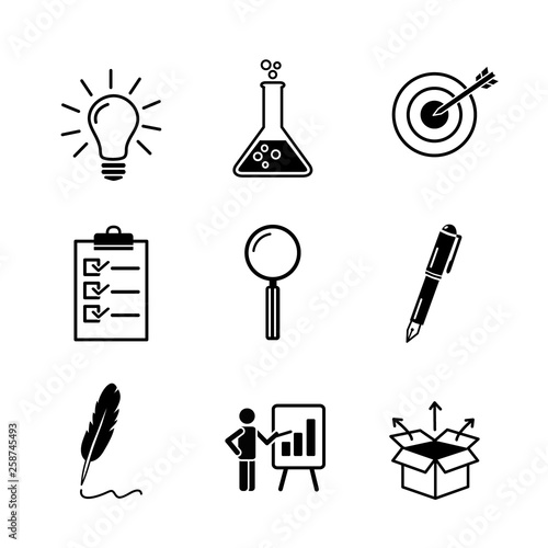 Creativity, research, business idea development black icon set in flat solid style. Ligtbulb, test tube, target, check list, magnifier, pen, feather, men with flipchart graph, out of the box symbols